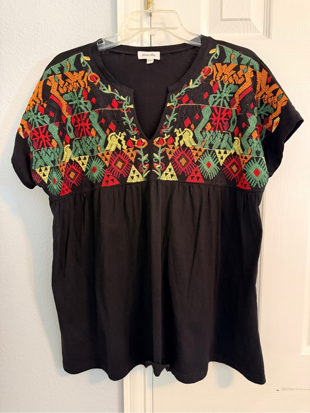 Amaryllis Black Embroidered Boho Blouse with Red, Green, Yellow, Orange Accents